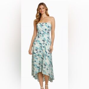 White House Black Market Strapless Blue, White, Black Patterned Dress- High Low